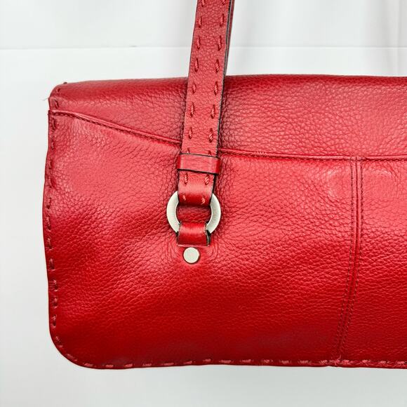 Adrienne Vittadini Red Pebbled Leather Purse Handbag Shoulder Bag Top Stitching - Picture 7 of 16